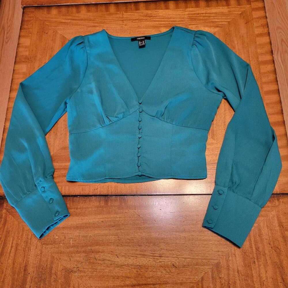 Forever 21 Green Satin Cropped Blouse - Picture 2 of 9